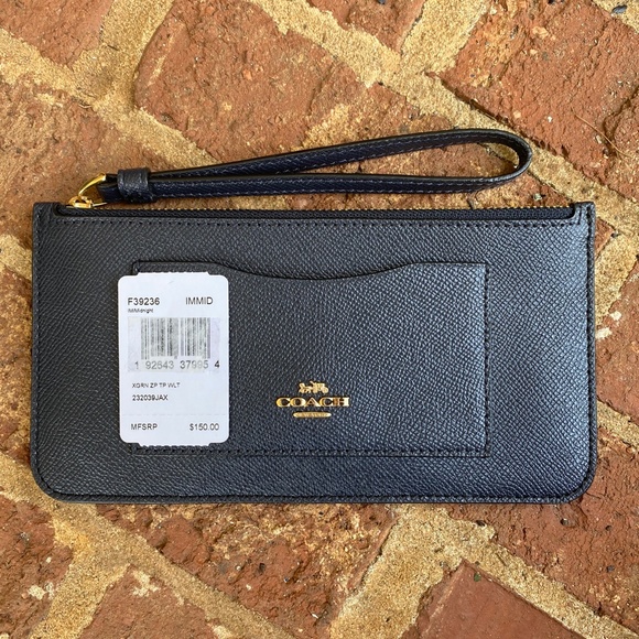 NEW Coach Black Cross Grain Leather Zip Top Wallet - Picture 5 of 6